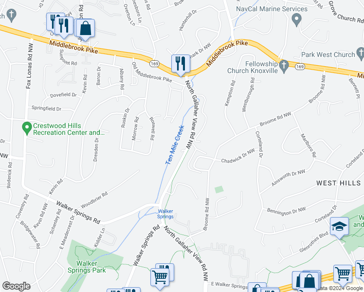 map of restaurants, bars, coffee shops, grocery stores, and more near 867 North Gallaher View Road Northwest in Knoxville