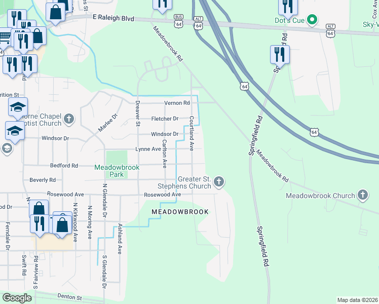 map of restaurants, bars, coffee shops, grocery stores, and more near 1929 Lynne Avenue in Rocky Mount