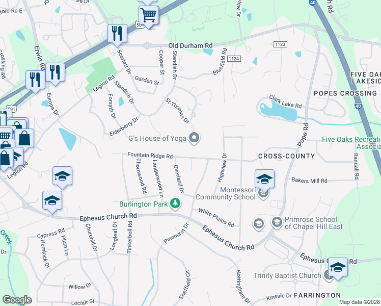 map of restaurants, bars, coffee shops, grocery stores, and more near 1911 Fountain Ridge Road in Chapel Hill