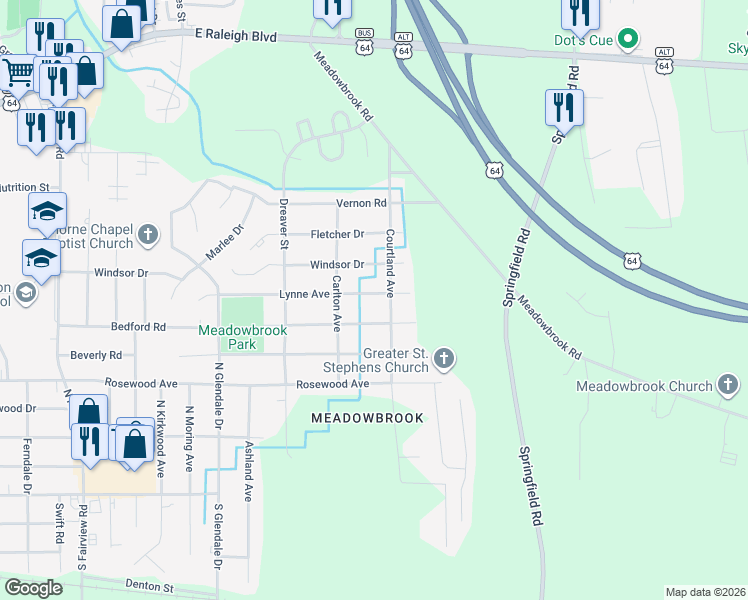 map of restaurants, bars, coffee shops, grocery stores, and more near 1929 Lynne Avenue in Rocky Mount