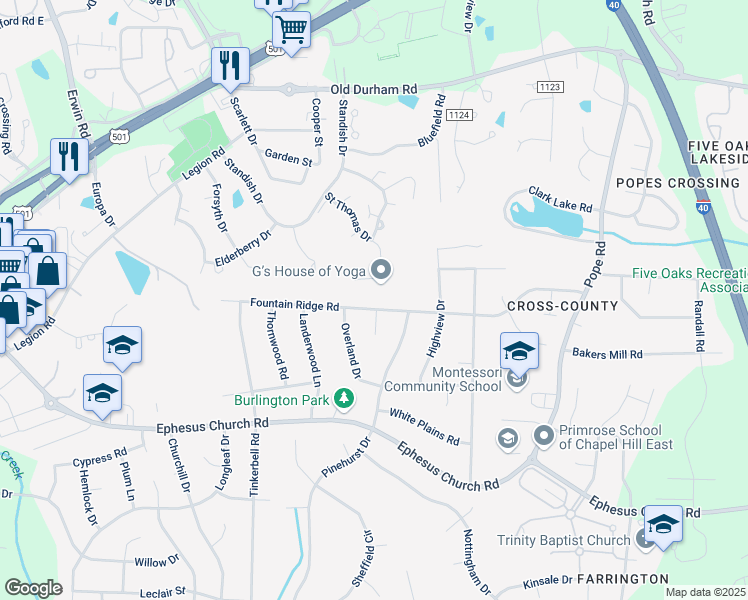 map of restaurants, bars, coffee shops, grocery stores, and more near 1911 Fountain Ridge Road in Chapel Hill