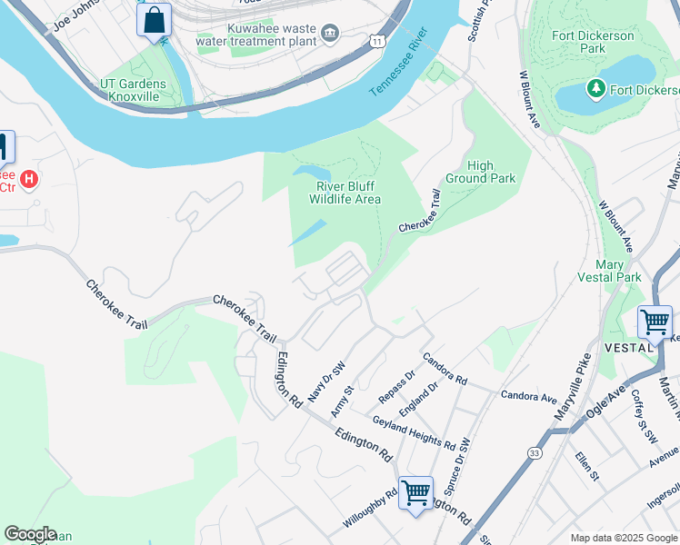 map of restaurants, bars, coffee shops, grocery stores, and more near 1101 Tree Top Way in Knoxville