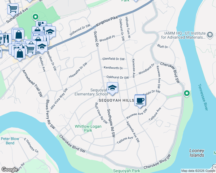 map of restaurants, bars, coffee shops, grocery stores, and more near 904 Southgate Road Southwest in Knoxville