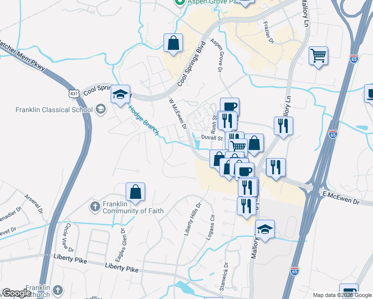 map of restaurants, bars, coffee shops, grocery stores, and more near 116 Richard Glens Drive in Franklin