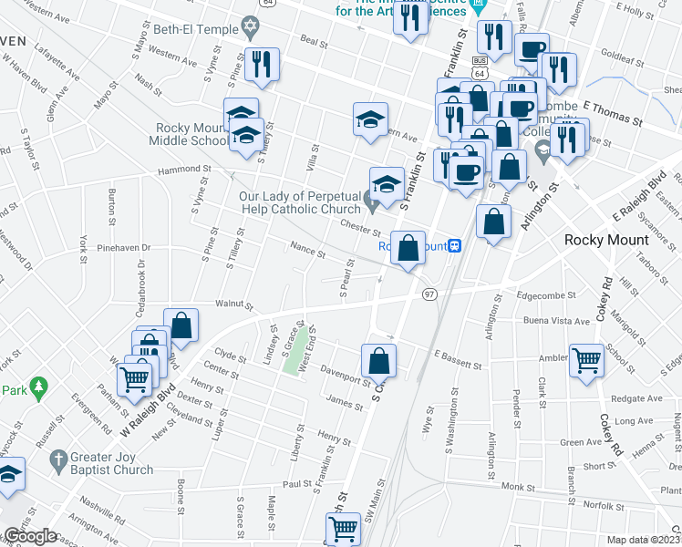 map of restaurants, bars, coffee shops, grocery stores, and more near 402 Rocky Street in Rocky Mount
