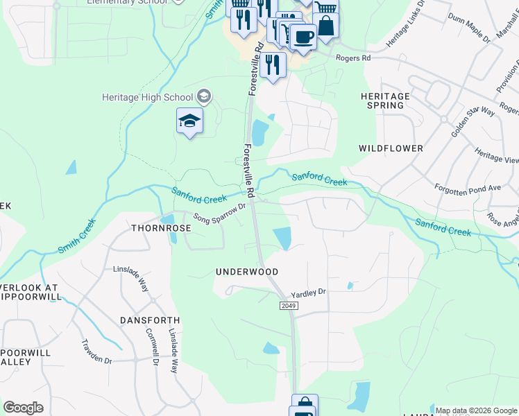 map of restaurants, bars, coffee shops, grocery stores, and more near 300 Heritage Regency Drive in Wake Forest