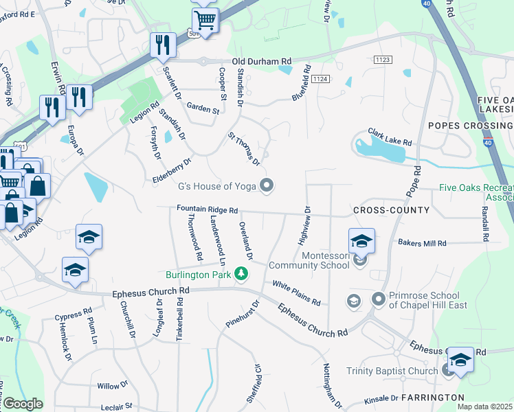 map of restaurants, bars, coffee shops, grocery stores, and more near 1911 Fountain Ridge Road in Chapel Hill