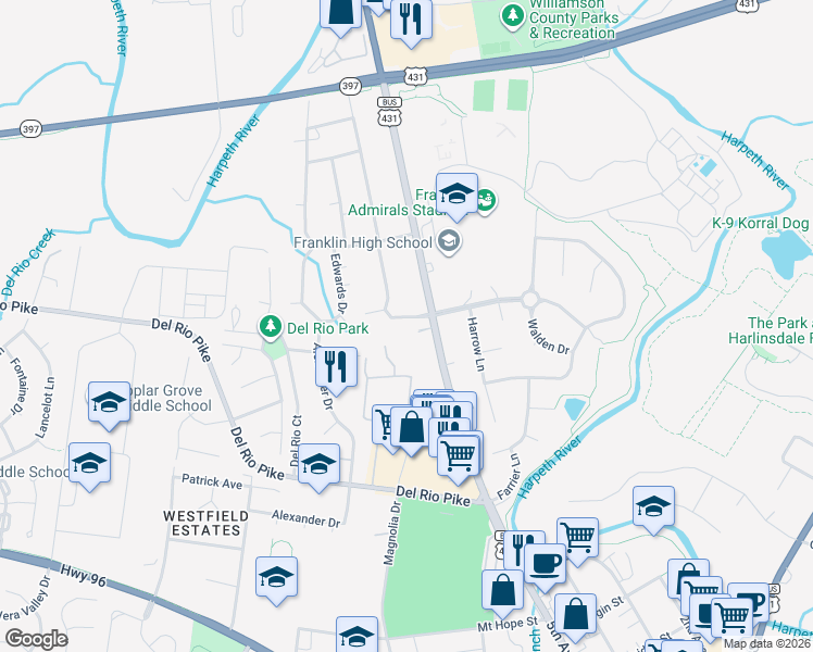 map of restaurants, bars, coffee shops, grocery stores, and more near 902 Granville Road in Franklin