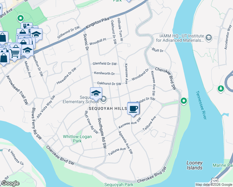 map of restaurants, bars, coffee shops, grocery stores, and more near 927 Woodside St in Knoxville