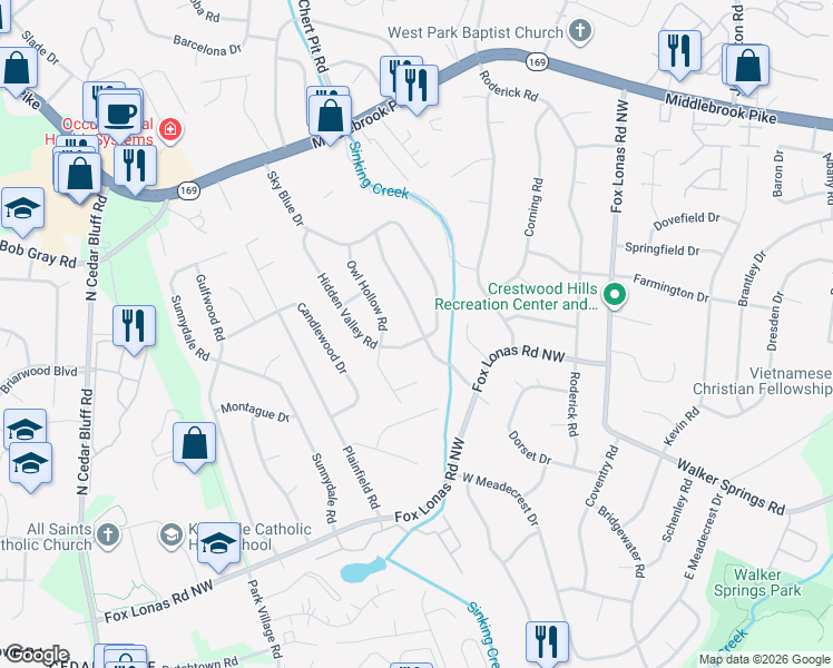map of restaurants, bars, coffee shops, grocery stores, and more near 702 Hidden Valley Road in Knoxville