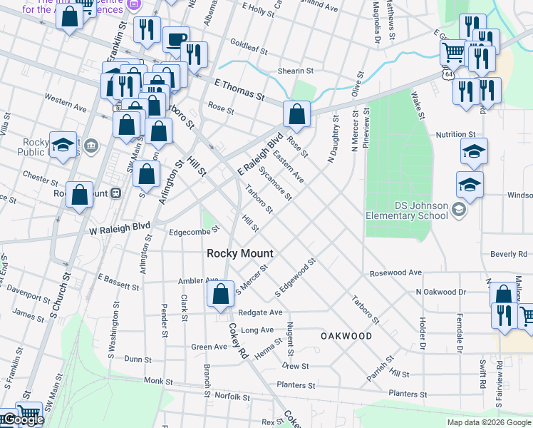 map of restaurants, bars, coffee shops, grocery stores, and more near 627 Tarboro Street in Rocky Mount