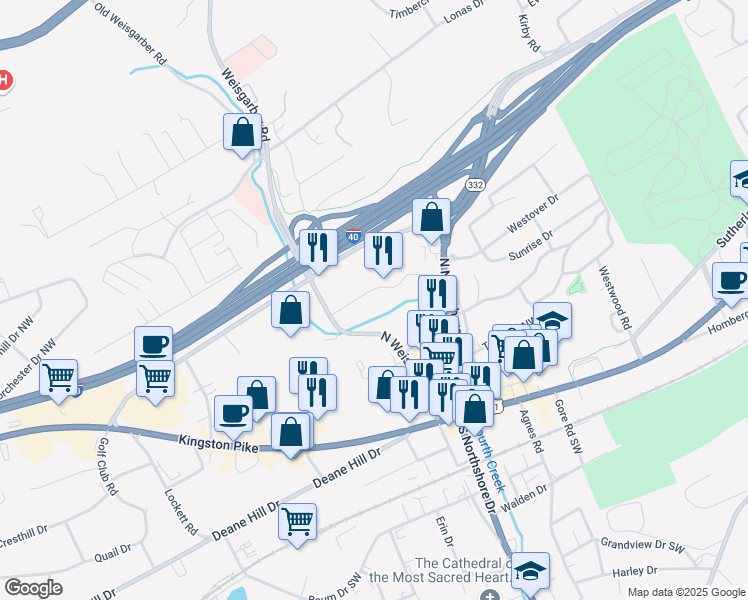 map of restaurants, bars, coffee shops, grocery stores, and more near 6016 Brookvale Lane in Knoxville