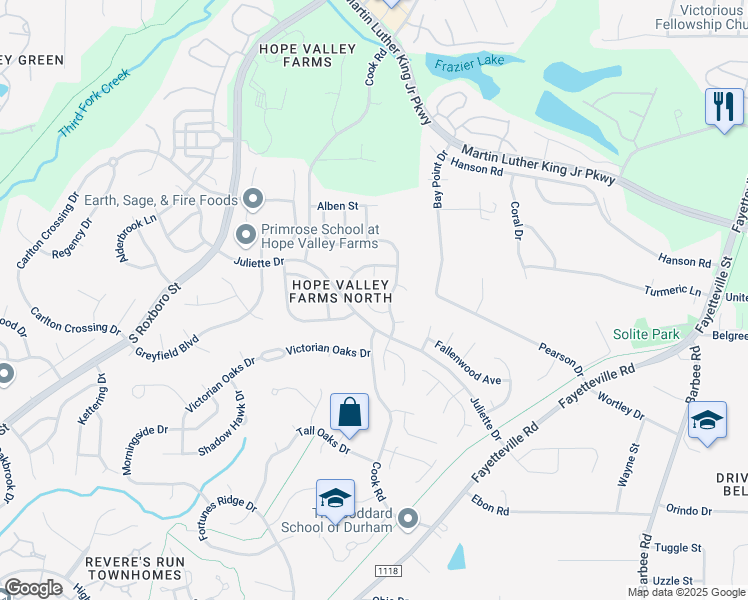 map of restaurants, bars, coffee shops, grocery stores, and more near 412 Greymist Drive in Durham