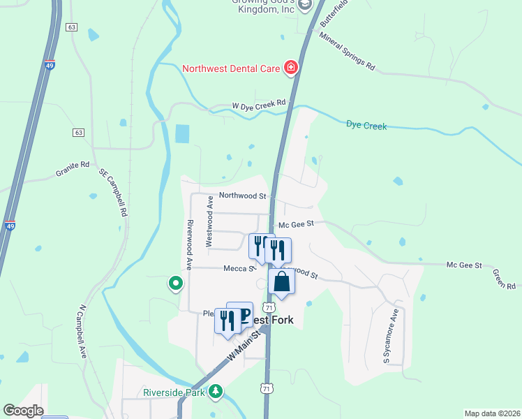 map of restaurants, bars, coffee shops, grocery stores, and more near 18 Centerwood Street in West Fork