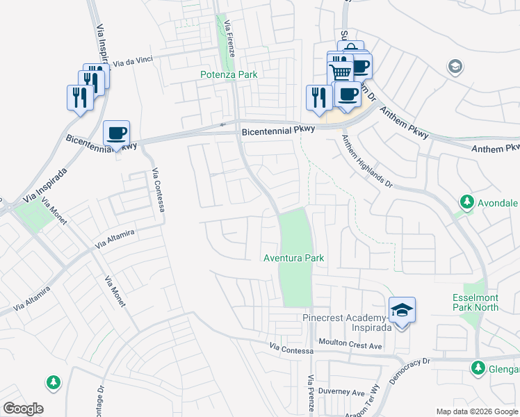 map of restaurants, bars, coffee shops, grocery stores, and more near 2527 Ballatore Street in Henderson