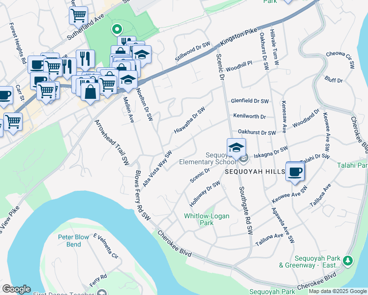 map of restaurants, bars, coffee shops, grocery stores, and more near 4224 Alta Vista Way Southwest in Knoxville