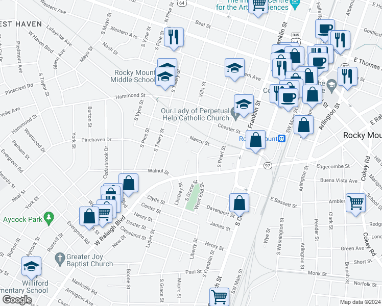 map of restaurants, bars, coffee shops, grocery stores, and more near 515 Buick Street in Rocky Mount