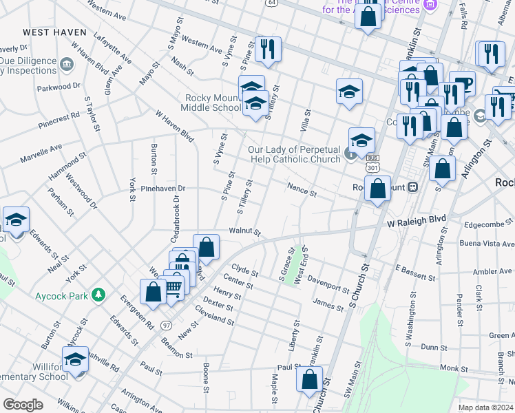 map of restaurants, bars, coffee shops, grocery stores, and more near 800 South Howell Street in Rocky Mount