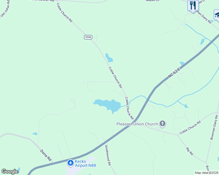 map of restaurants, bars, coffee shops, grocery stores, and more near 5848 Coble Church Road in Liberty