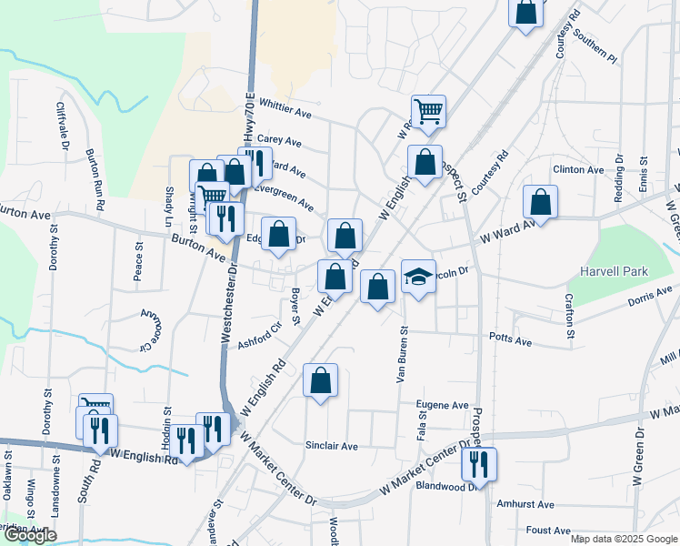 map of restaurants, bars, coffee shops, grocery stores, and more near 2322 West English Road in High Point