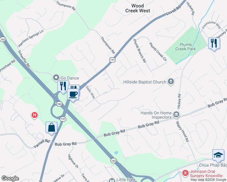 map of restaurants, bars, coffee shops, grocery stores, and more near 10328 Fantasy Way in Knoxville