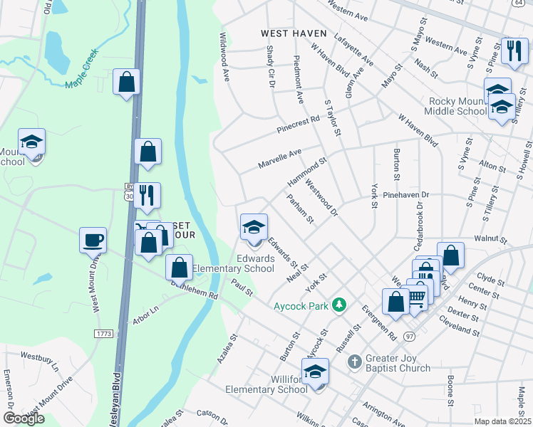map of restaurants, bars, coffee shops, grocery stores, and more near 1725 Hammond Street in Rocky Mount