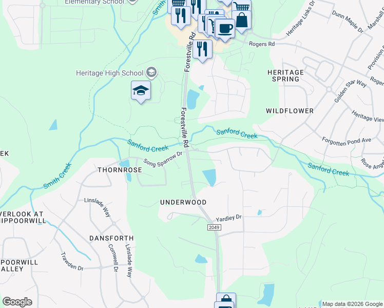 map of restaurants, bars, coffee shops, grocery stores, and more near 300 Heritage Regency Drive in Wake Forest