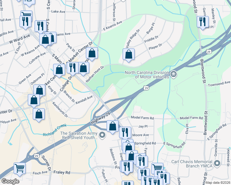 map of restaurants, bars, coffee shops, grocery stores, and more near 124 Greenview Terrace in High Point