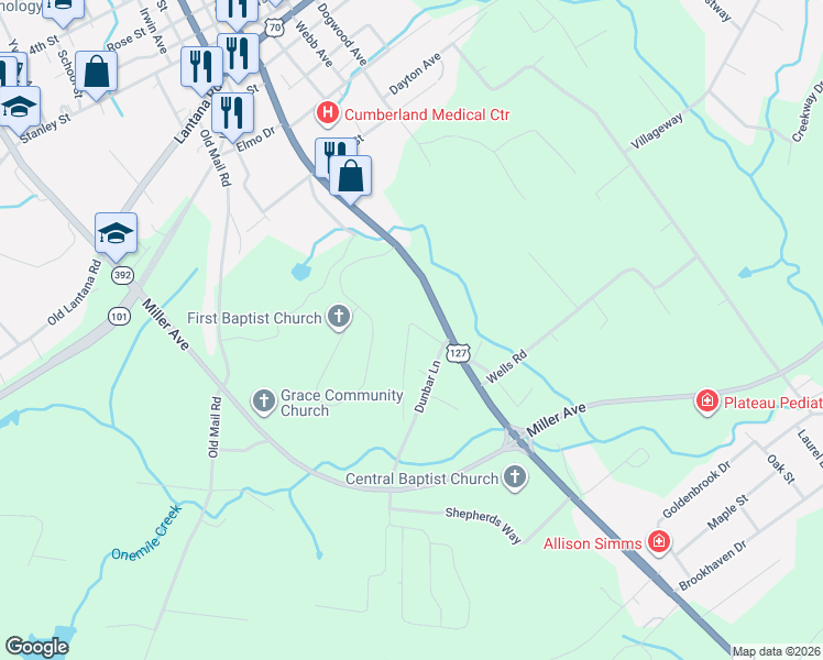map of restaurants, bars, coffee shops, grocery stores, and more near 80 Lee June Street in Crossville