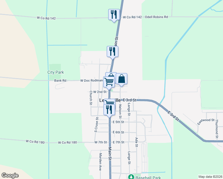 map of restaurants, bars, coffee shops, grocery stores, and more near 109 Main Street in Leachville