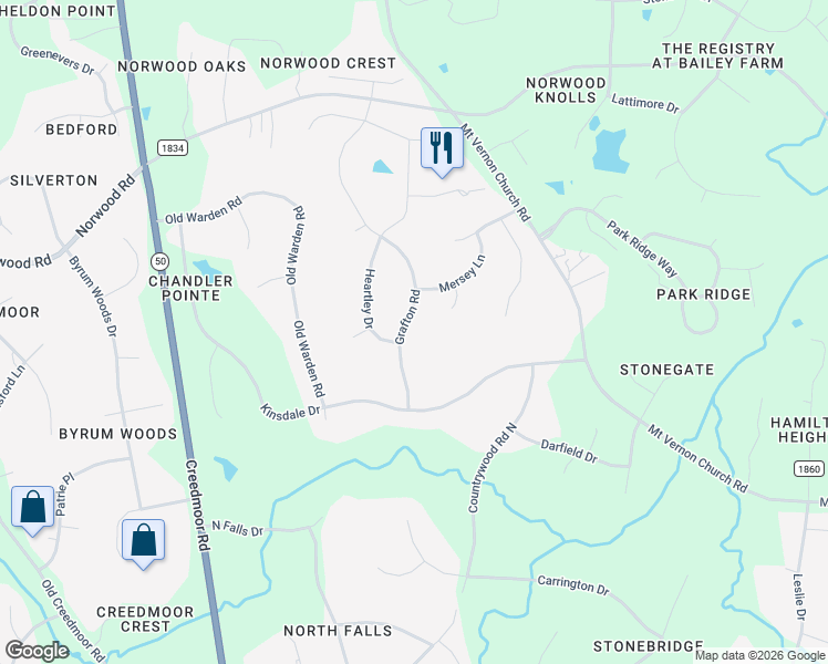 map of restaurants, bars, coffee shops, grocery stores, and more near 2304 Heartley Drive in Raleigh