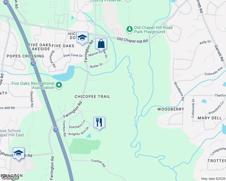 map of restaurants, bars, coffee shops, grocery stores, and more near 4515 Chicopee Trail in Durham