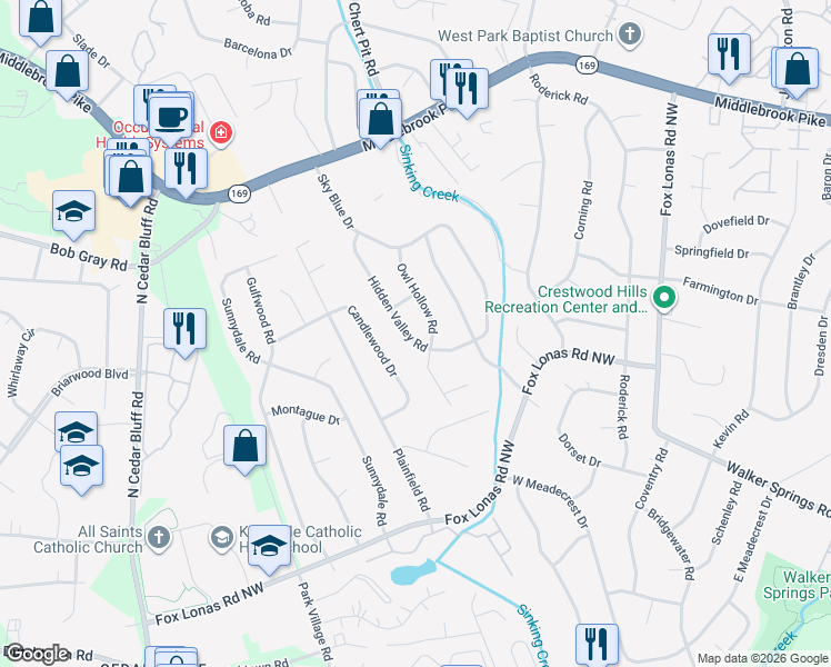 map of restaurants, bars, coffee shops, grocery stores, and more near 724 Hidden Valley Road in Knoxville