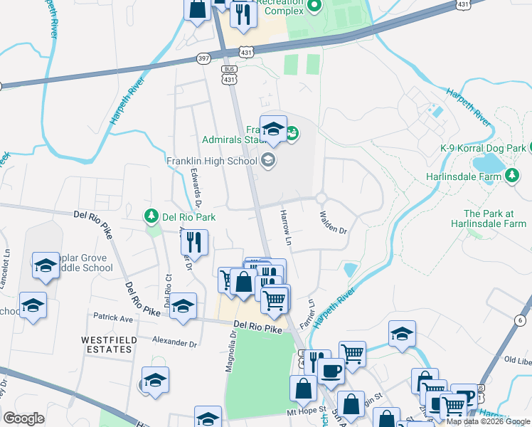 map of restaurants, bars, coffee shops, grocery stores, and more near in Franklin