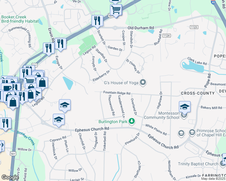 map of restaurants, bars, coffee shops, grocery stores, and more near 1703 Fountain Ridge Road in Chapel Hill