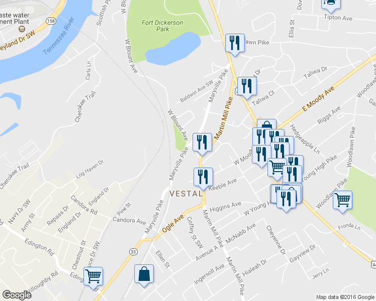 map of restaurants, bars, coffee shops, grocery stores, and more near 406 Maryville Pike in Knoxville