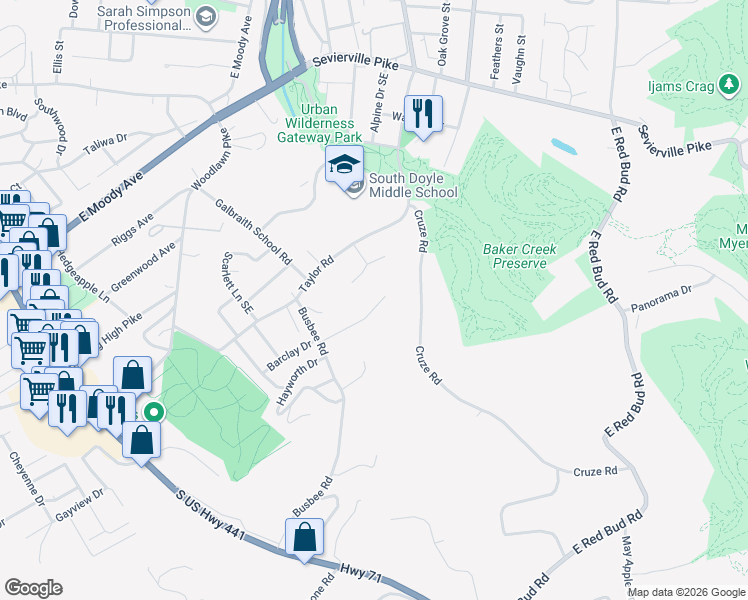 map of restaurants, bars, coffee shops, grocery stores, and more near 807 Barclay Drive in Knoxville