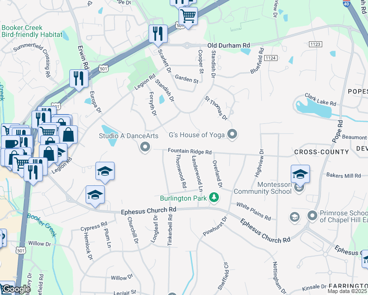 map of restaurants, bars, coffee shops, grocery stores, and more near 1703 Fountain Ridge Road in Chapel Hill