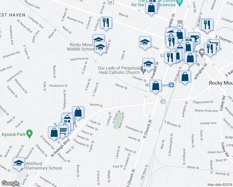 map of restaurants, bars, coffee shops, grocery stores, and more near 513 Buick Street in Rocky Mount