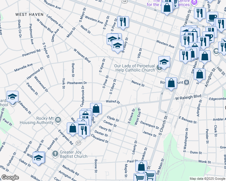 map of restaurants, bars, coffee shops, grocery stores, and more near 805 South Tillery Street in Rocky Mount