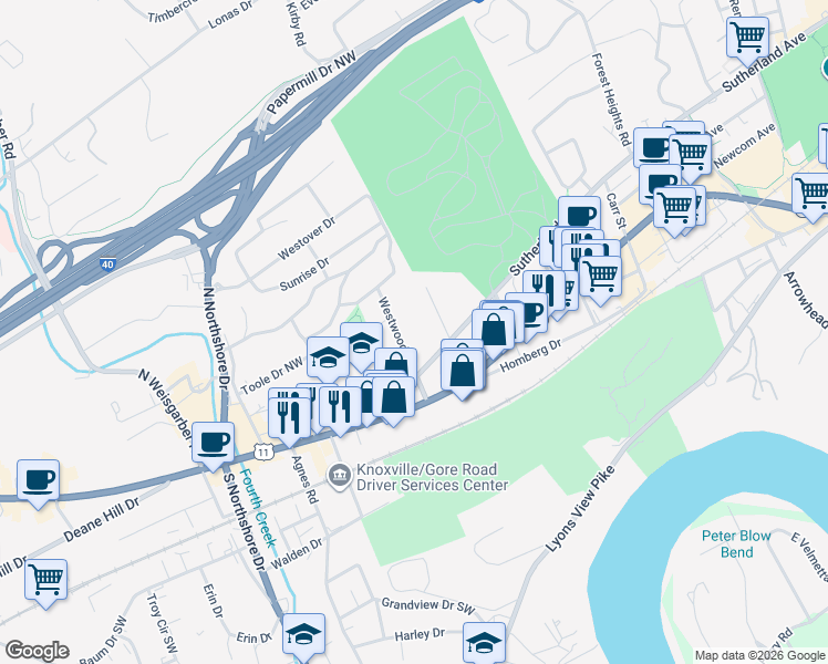 map of restaurants, bars, coffee shops, grocery stores, and more near 104 Westwood Road in Knoxville