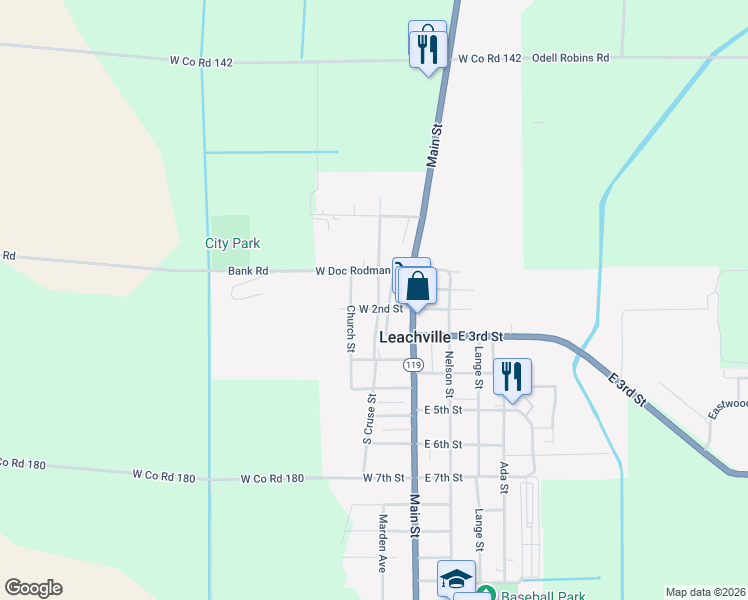 map of restaurants, bars, coffee shops, grocery stores, and more near 105 South McNamee Street in Leachville