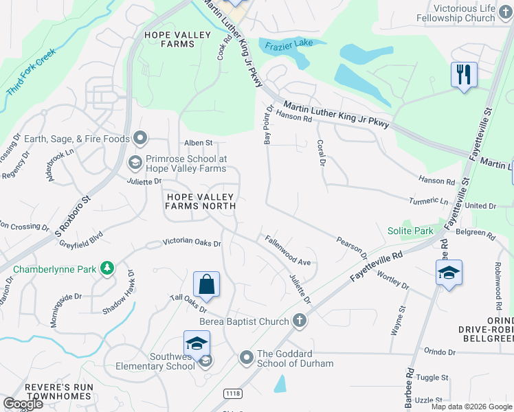 map of restaurants, bars, coffee shops, grocery stores, and more near 5 Windyrush Court in Durham