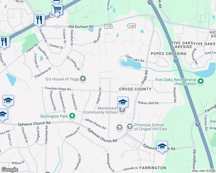 map of restaurants, bars, coffee shops, grocery stores, and more near 306 Colony Woods Drive in Chapel Hill