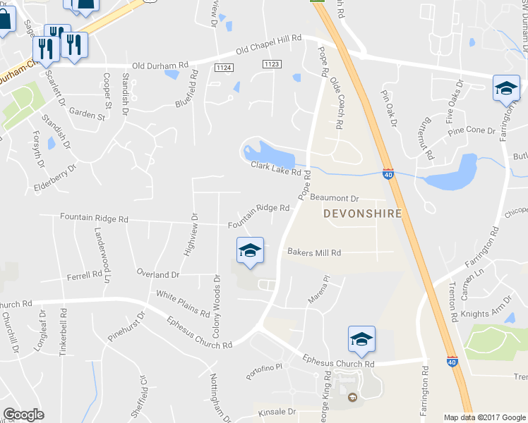 map of restaurants, bars, coffee shops, grocery stores, and more near 2108 Fountain Ridge Road in Chapel Hill
