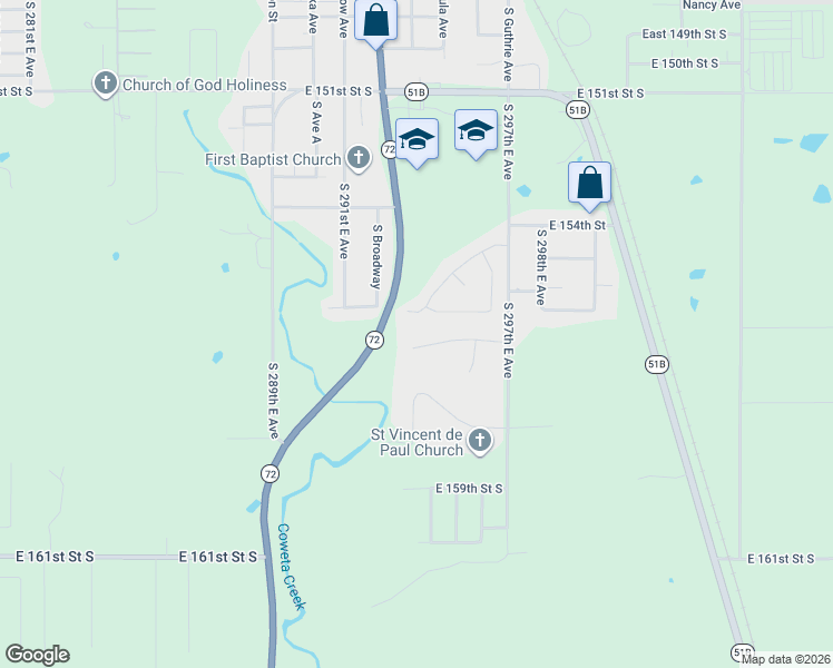 map of restaurants, bars, coffee shops, grocery stores, and more near 29391 East 157th St S in Coweta