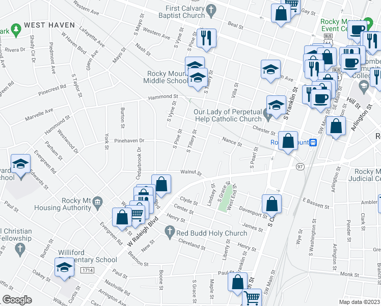 map of restaurants, bars, coffee shops, grocery stores, and more near 805 South Tillery Street in Rocky Mount