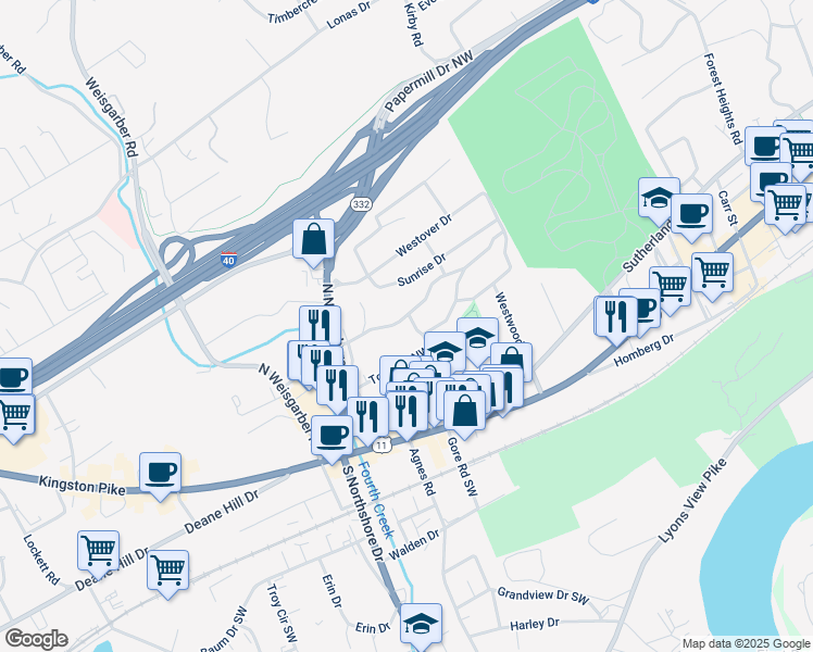 map of restaurants, bars, coffee shops, grocery stores, and more near 5800 Woodburn Drive in Knoxville