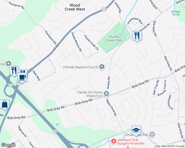 map of restaurants, bars, coffee shops, grocery stores, and more near 10324 Boston Lane in Knoxville