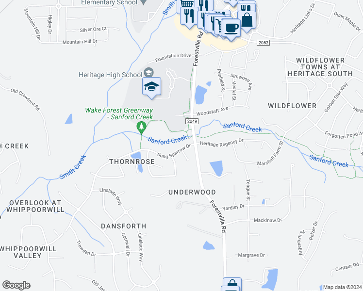 map of restaurants, bars, coffee shops, grocery stores, and more near 4021 Song Sparrow Drive in Wake Forest